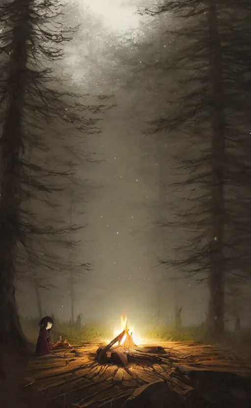 Image similar to An anime girl with short black hair and green eyes in a tan trenchcoat sitting on a log and drinking tea by the campfire by her motorcycle at night under the stars in the style of Jakub Rozalski, evocative, mystical night, detailed, award winning, masterpiece digital painting by Greg Rutkowski, Alex Grey, artstation, 4k wallpaper