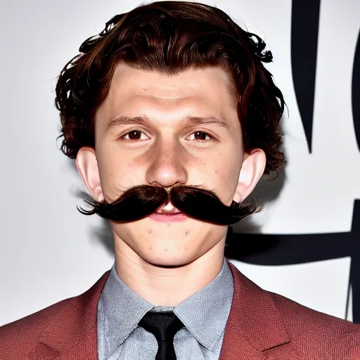 Image similar to tom holland with a big curly mustache