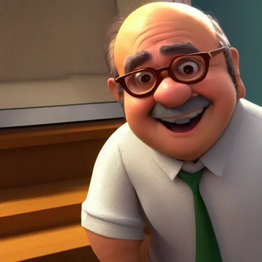 Image similar to a screenshot of Danny Devito as a 3D render animated Disney pixar animation character in Up (2009)