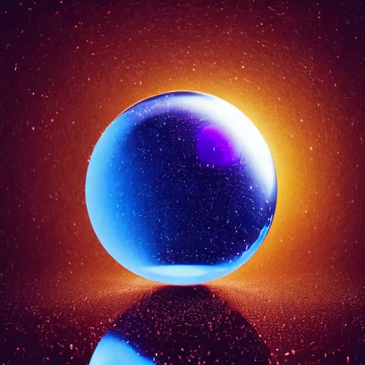 Prompt: a universe inside of a glass sphere sitting on table, flash light, diffraction, caustics, octane render, epic composition, masterpiece artwork