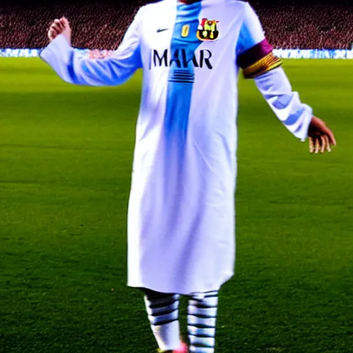 Image similar to lionel messi as a muslim, wearing muslim clothing