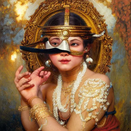 Image similar to detailed full body of hindu traditional girl blindfolded high - tech vr headset in baroque style, girl graceful,, painting by gaston bussiere, craig mullins, j. c. leyendecker, lights, art by ernst haeckel, john william godward, hammershøi,,