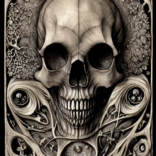 Prompt: memento mori by arthur rackham, art forms of nature by ernst haeckel, photorealistic ultra - detailed octane render, art nouveau, gothic, ornately carved beautiful skull mask dominant, intricately carved ornamental antique bone, art nouveau botanicals, art forms of nature by ernst haeckel, horizontal symmetry, symbolist, visionary