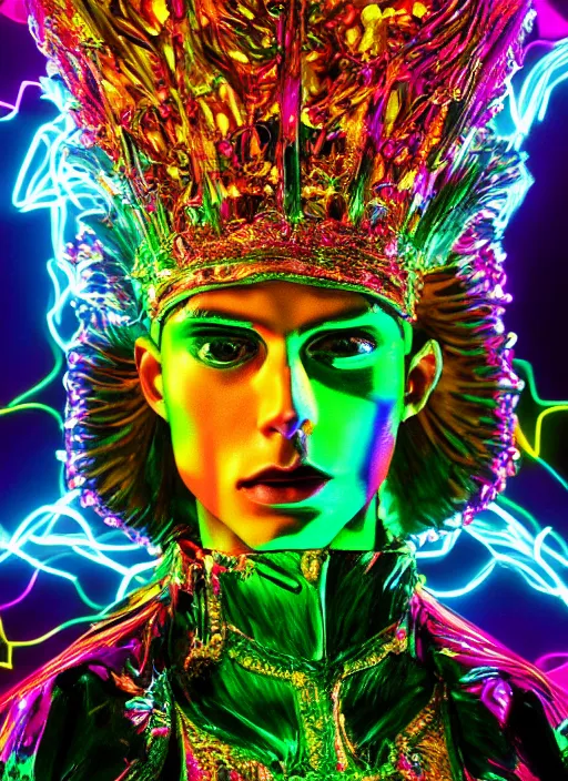 Prompt: photo of baroque and bladerunner delicate neon emerald sculpture of seductive king adrien sahores tigers orange iridescent humanoid deity wearing metallic jungle leaves holding the sun prismatic dungeon, glowing rainbow face, crown of white diamonds, cinematic lighting, photorealistic, octane render 8 k depth of field 3 d