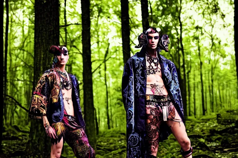 Image similar to versace avant garde male toga intricate textiles streetwear cyberpunk posing in the woods trees cloudy overcast dark late evening dramatic 3 5 mm professional color