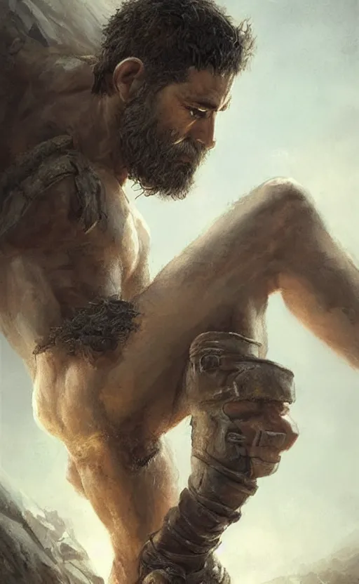 Image similar to Portrait of a rugged ranger sitting down, male, muscular, straight nose!!!, detailed face, handsome face, bare thighs!!!, simple clothing!!!!!, fantasy, medieval, highly detailed, cinematic lighting, digital art painting by greg rutkowski