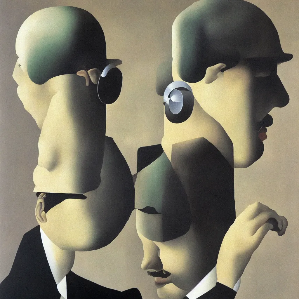 Image similar to i, a man wearing headphone and playing his iphone, by rene magritte