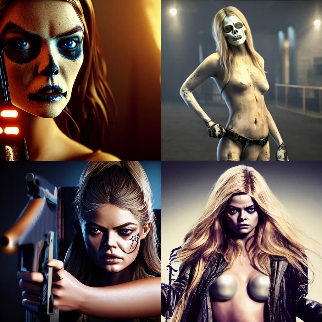 Prompt: octane, Unreal engine, Samara Weaving with skull paint, full body, holding a shotgun