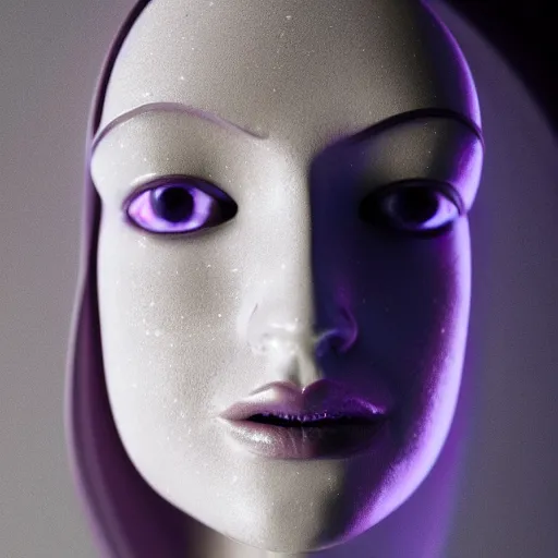 Image similar to abstract female face sculpture made of white marble and amethyst crystals quartz, ethereal lights, fine details, artstation. com, film still, cinematic photoshooting, luxury, strong wind, dark mood, sad, liquid acrylic painting, optical cables, cold colors, golden filigree, lens flares, octane render