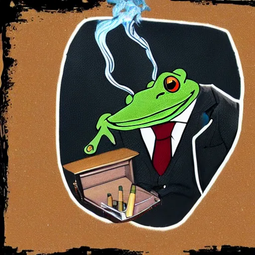 Image similar to a frog 🐸 wearing a suit smoking a cigar