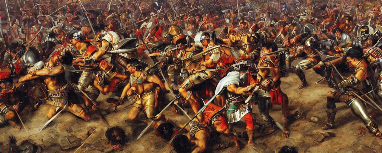 Image similar to spaniards conquerors fighting aztec warriors between the mexican pyramids, daniel lezama painting style, hyperrealistic