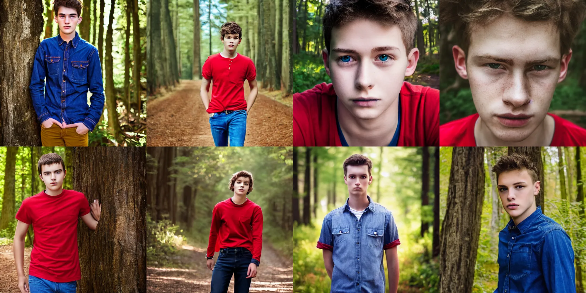 Image similar to portrait, teenager, red shirt, blue jeans, walking in forest, detailed face, realistic photo.