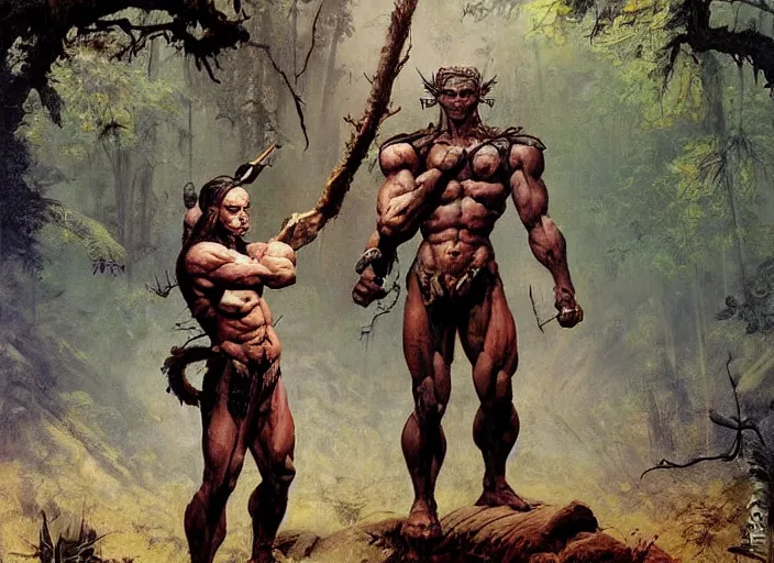 Prompt: 4k digital art of a human elemental warrior in a forest, by Frank Frazetta