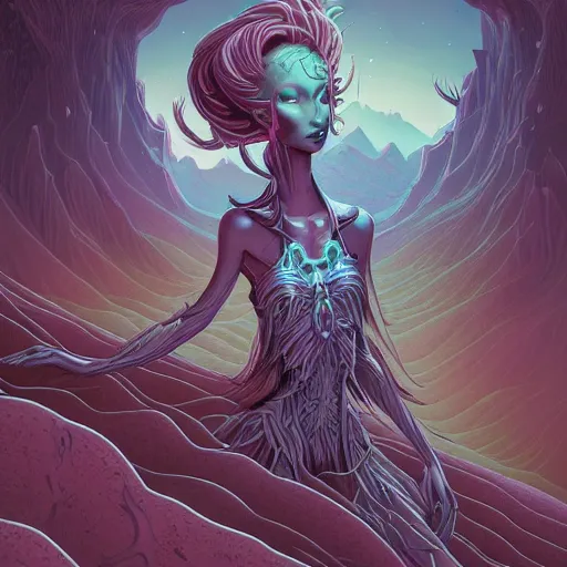 Prompt: dark ethereal cybernetic alien princess in the mountains, extremely detailed, sharp focus, wide view, smooth, digital illustration, by james jean, by rossdraws, frank franzzeta, sakimichan