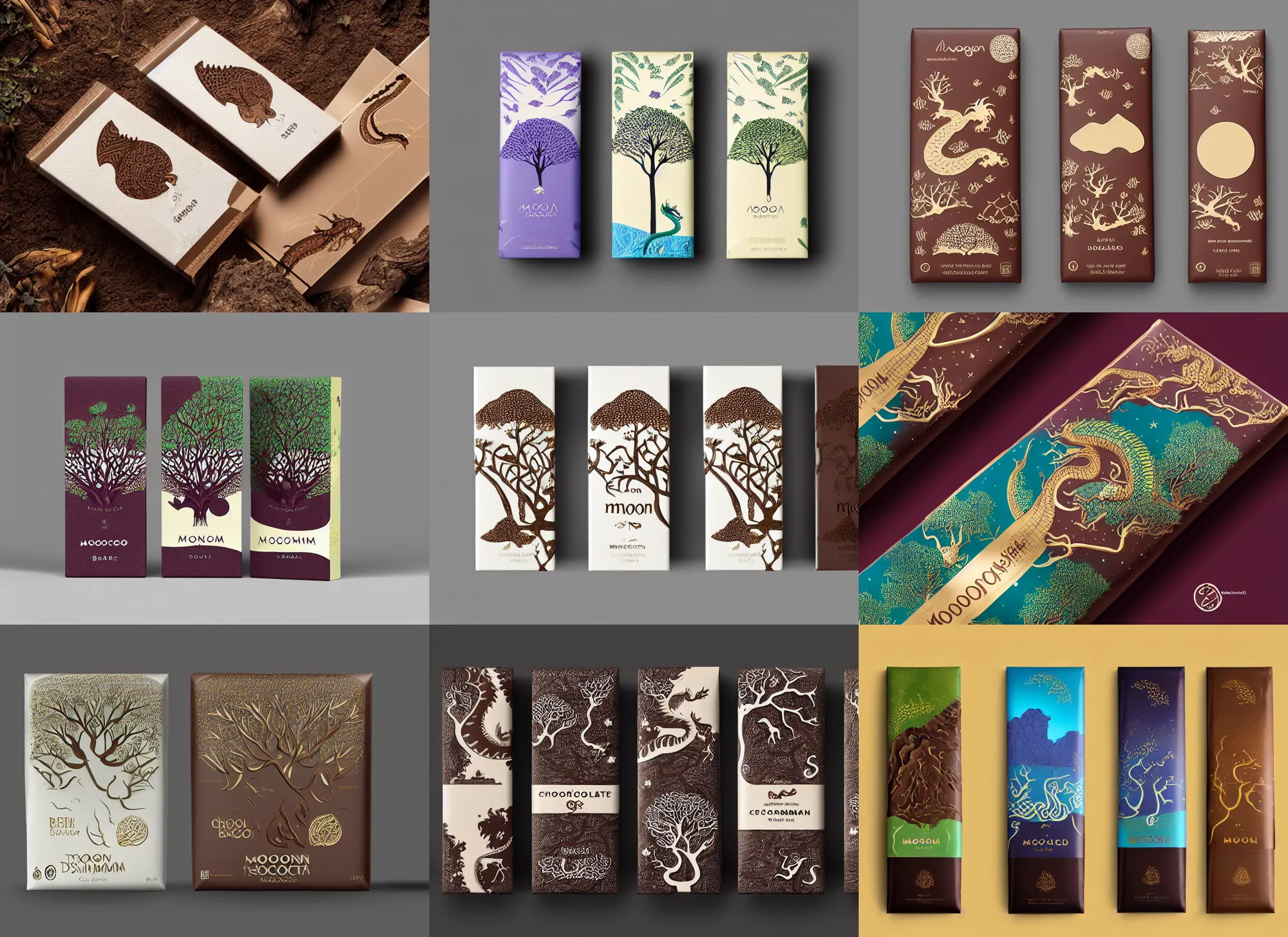 Prompt: conceptual designer chocolate bar packaging, inspired by moonlit socotra island with dragon trees, midsommar, label design, behance, pinterest, packaging of the world, award, front label, packaging design, octane render