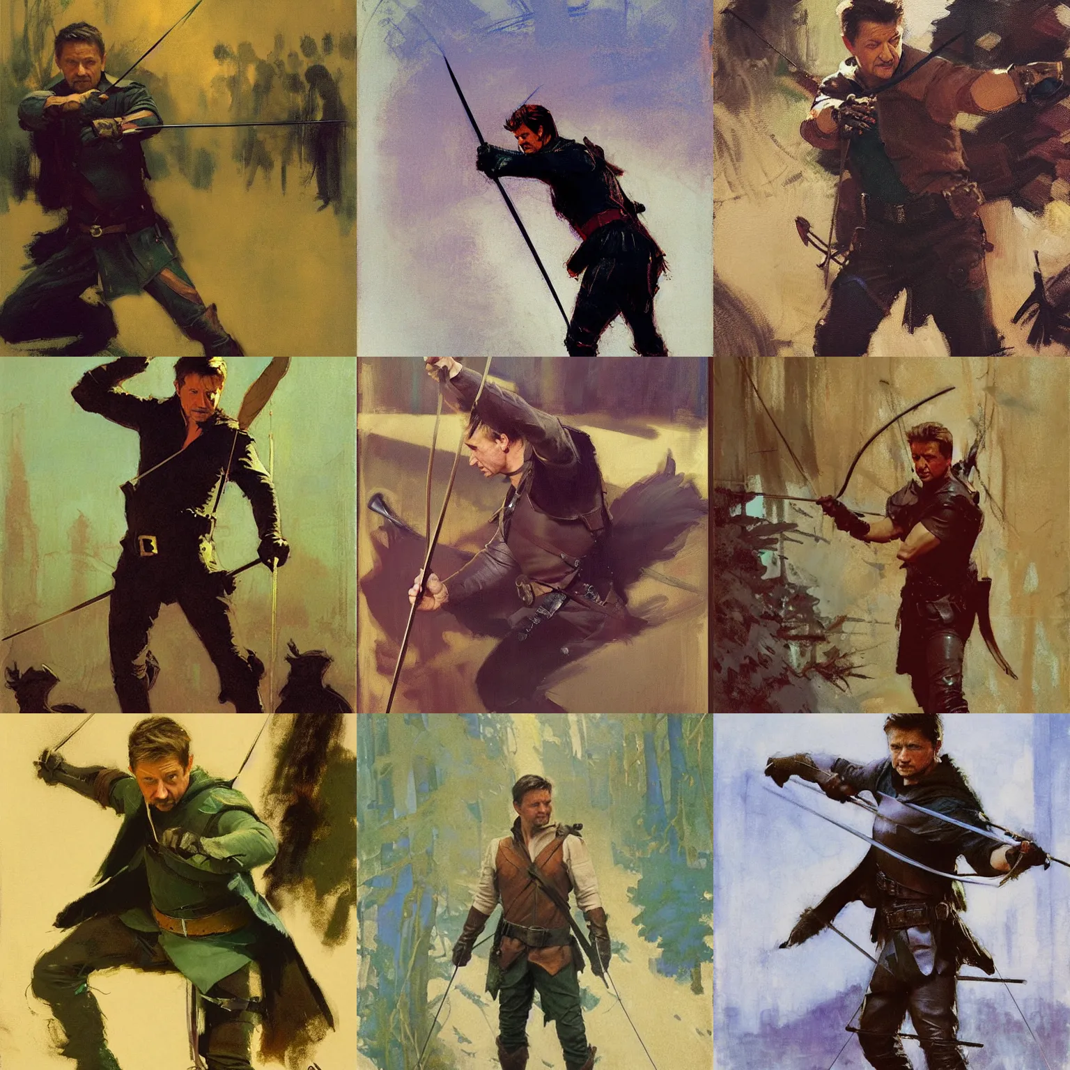 Prompt: jeremy renner as robin hood aiming a bow, elegant, impressionistic, greg manchess, mucha, liepke, ruan jia, jeffrey catherine jones, bernie fuchs