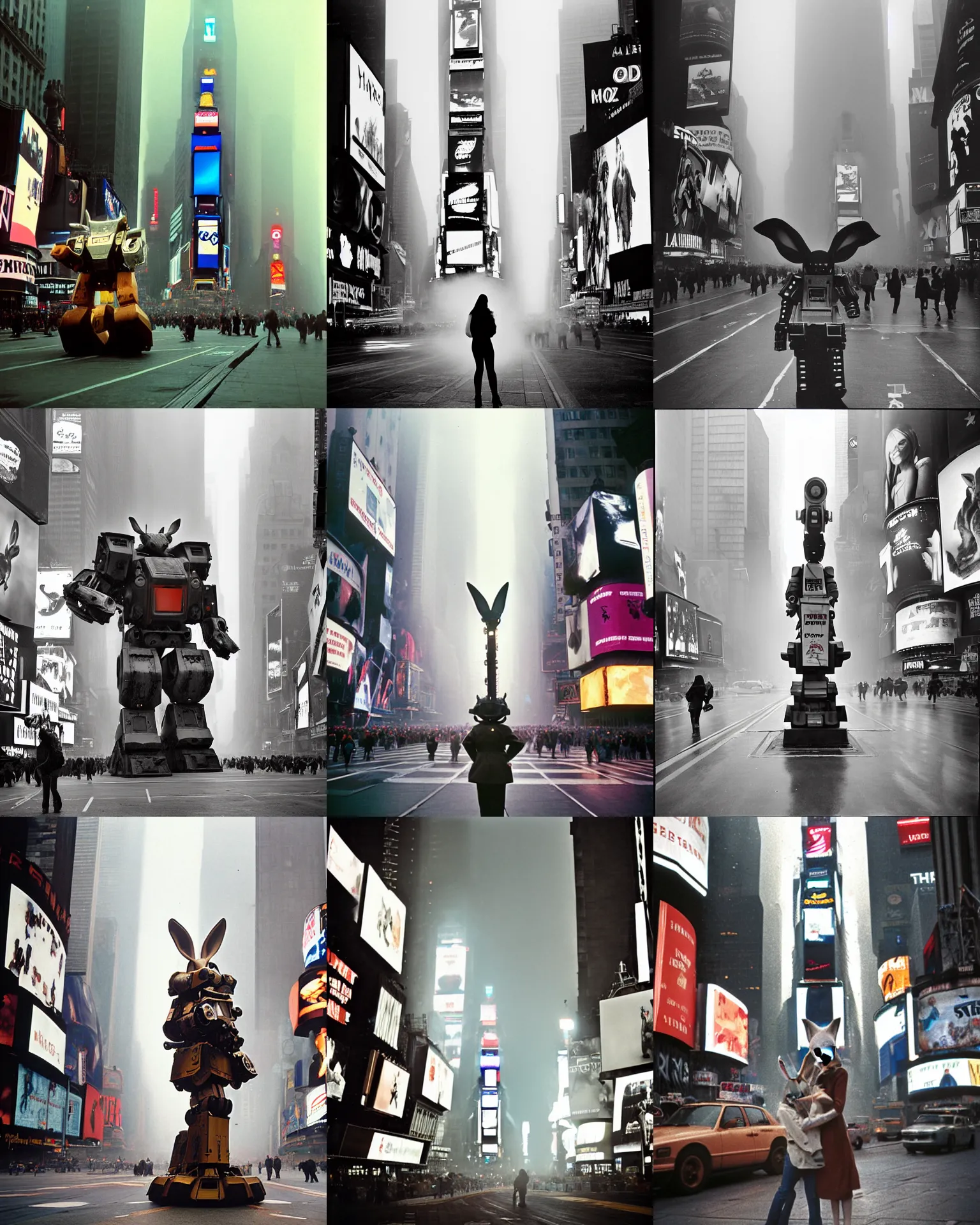 Prompt: times square with giant oversized battle mech rabbit robot with long ears ,Cinematic focus, Polaroid photo, vintage, neutral colors, soft lights, foggy, mist!, 200mm shot by Steve Hanks, by Serov Valentin, by lisa yuskavage, by Andrei Tarkovsky