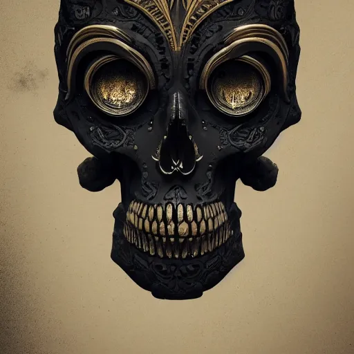 Prompt: skull in black concrete with intricate gold inlay carving in art nouveau style, hyper detailed, insane details, intricate, elegant, luxury, dramatic lighting, CGsociety, hypermaximalist, golden ratio, fog, overcast lighting, moody atmosphere, environmental key art, octane render, weta digital, micro details, 3d sculpture, ray trace, 8k