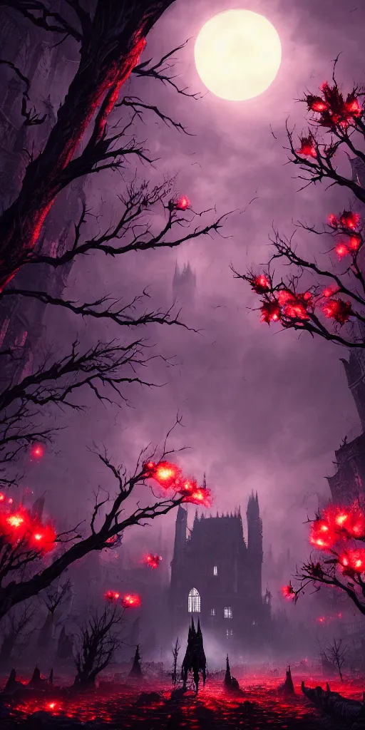 Image similar to populated bloodborne old valley with a dark person at the centre and a ruined gothic city in the background, trees and stars in the background, falling red petals, epic red - orange moonlight, perfect lightning, wallpaper illustration by niko delort and kentaro miura, 4 k, ultra realistic