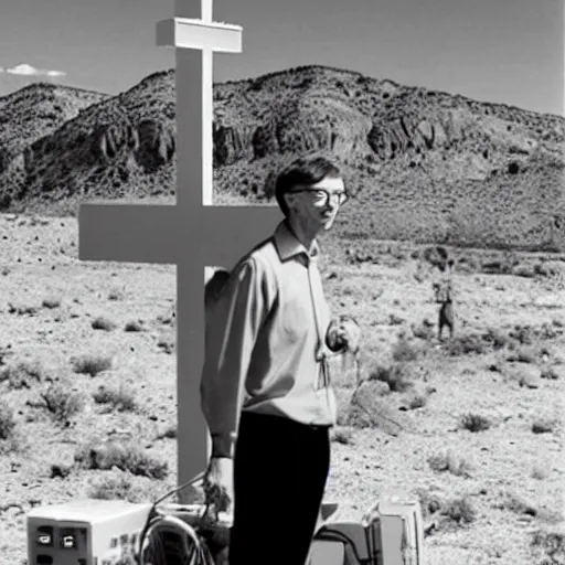 Image similar to bill gates on the cross in the desert surrounded by medical equipment. horror movie photograph.