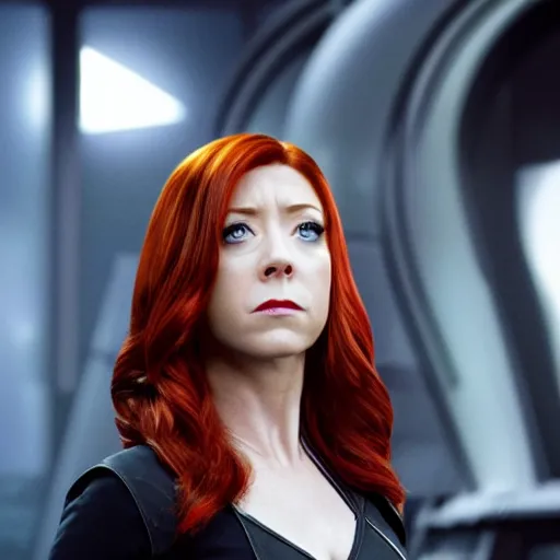 Image similar to film still of Alyson Hannigan playing Black Widow in The Avengers, 4k