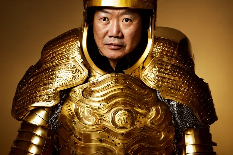 Image similar to a cinematic studio headshot portrait of a middle aged asian man wearing gold plated armour, no helmet, orange color theme, dramatic lighting, back light, hair light, rim light, 4 k, ultra realistic, by annie leibovitz