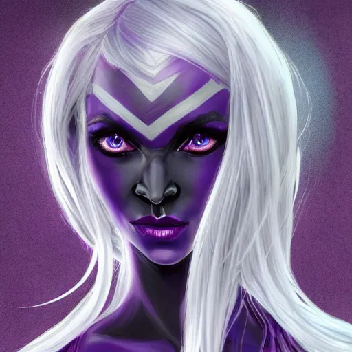 Image similar to portrait of a female fantasy drow, dark elf, with large blue eyes, dark purple skin, large pointed ears, and medium-length silver hair, realistic, d&d character art