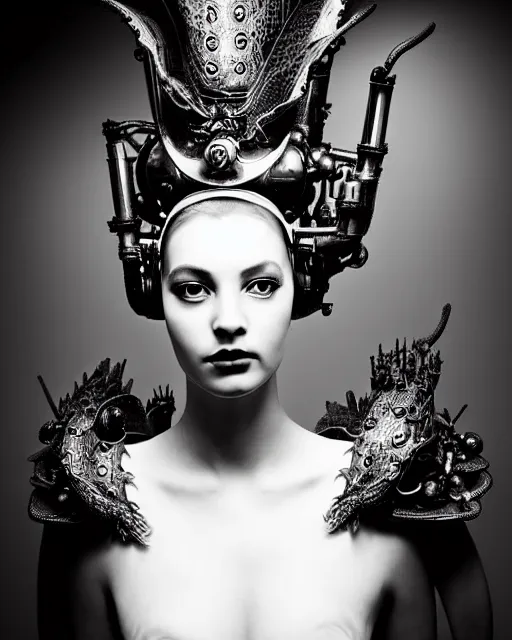 Image similar to a black and white high quality dreamy photo of a young beautiful female queen-silver dragon-vegetal-flower-cyborg veiled bust with a very long steampunk cyborg neck, elegant, highly detailed, poetic, soft, dreamy, mysterious, high fashion, in the style of Horst P. Horst, Metropolis, Realistic, Refined, Digital Art, Highly Detailed, Cinematic Lighting, rim light, black and white, photo-realistic, 8K