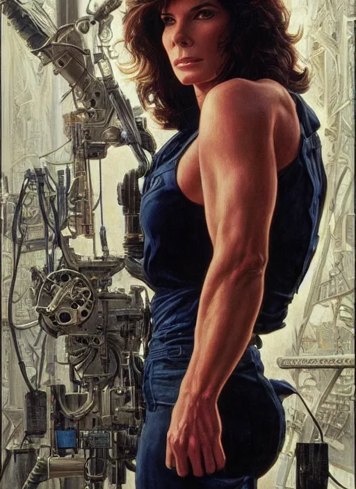 Image similar to Sandra Bullock (1990) as a muscled heroine staring into the camera, torch shadows, foggy night, intricate, elegant, highly detailed, Donato Giancola, Joseph Christian Leyendecker, WLOP, Boris Vallejo, Artgerm