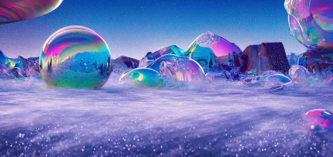 Image similar to surrealistic render of a icy candy landscape, sugar dust, colourful liquid bubbling, iridescent skies, waves, bubbles, reflections, refractions, caustics, dappled light, cinematic lighting, ultra detailed, sharp, ambient occlusion, raytracing, 3 d artstation render by greg rutowski, finnian macmanus and jessica rossier