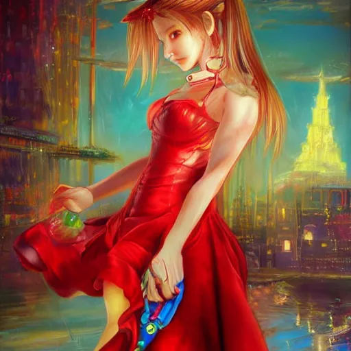 Image similar to dreamy colorful portrait oil painting of aerith gainsborough from from final fantasy 7 in her signature red dress with the steam punk city midgard as backdrop, by master artist yoshitaka amano trending on artstation