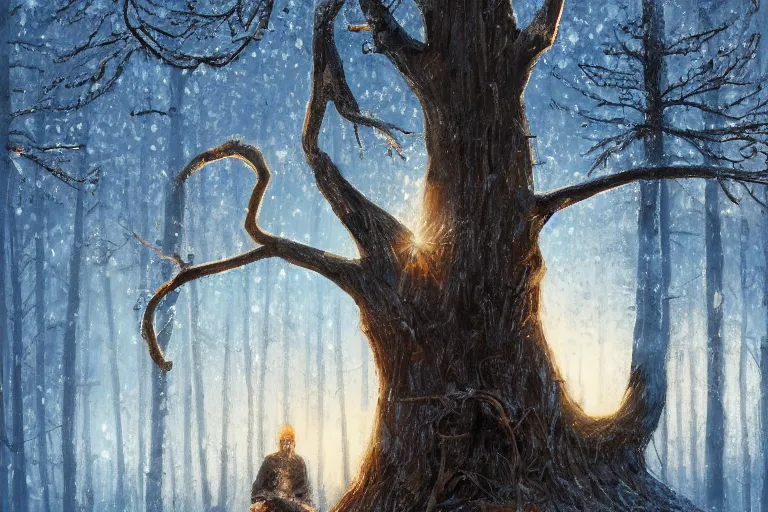 Image similar to ryan church jon mccoy concept art mood painting man sitting in tree winter watching beautiful december sunrise detailed forest