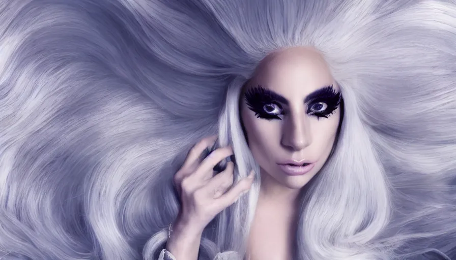 Image similar to lady gaga with long white hair , an album cover by Hedi Xandt, featured on vanity fair, holography, smokey background, matte background, nick knight High resolution. Highly detailed. Dramatic. 8k.4k.