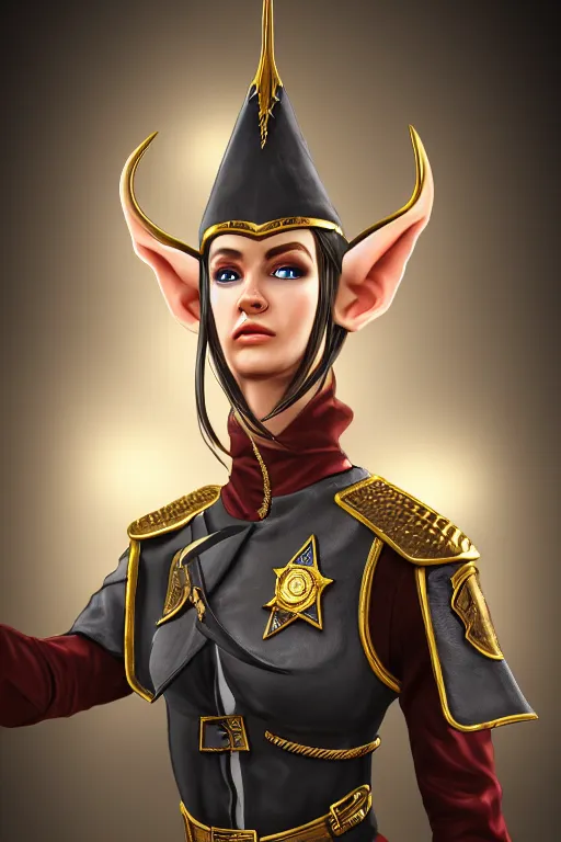 Image similar to high elf mall cop with a sheriff's badge, they are shifty and incompetent, Oil Painting, hyperrealistic, Detailed Digital Art, RPG portrait, 3/4 bust, dynamic lighting, Highly Detailed, Cinematic Lighting, 8k, HD