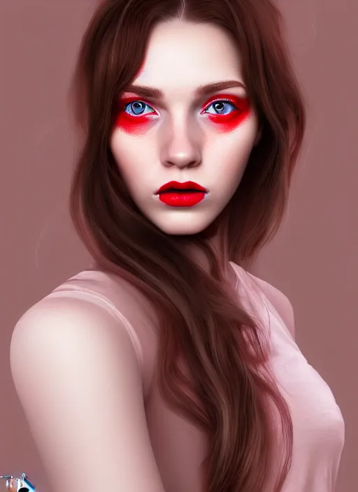 Image similar to highly detailed portrait of a young white woman with brown hair and scarlet lips, photographic realistic background, by tokenin, by glitchedpuppet, gradient pink, black, cream, brown and white color scheme, trending in artstation, award winning details