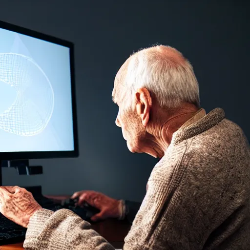 Image similar to old man staring at a highly advanced computer , old photo , HD , 4k