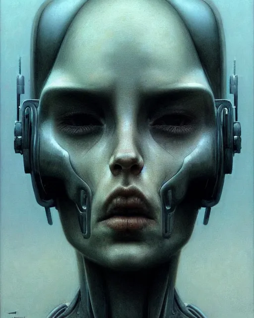 Image similar to a zdzilaw beksinski potrait of a cyborg, fine - face, realistic shaded perfect face, fine details. night dark setting. realistic shaded lighting, artgerm, trending on art station