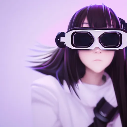 Prompt: photo of beautiful anime girl artist on a white background wearing black big goggles, 4K, redshift render, unreal engine, trending on artstation, depth of field