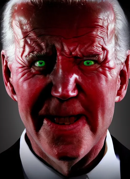 Image similar to hyper realistic ultra realistic horror terror dimensional photo furious glowing red eyes biden, high quality photo, detailed , 8k