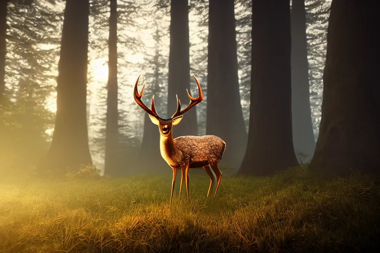 Image similar to a close up of the head of a deer with glowing eyes in the foreground, background of a landscape misty forest scene, the sun glistening through the trees, hyper realistic photograph, octane render 8k, trending on artstation, unreal engine