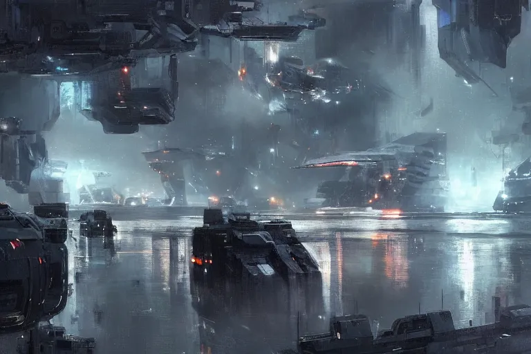 Prompt: sci - fi landscape dark spaceships docking rainstorm!! spotlights, cargo loading cranes by wadim kashin