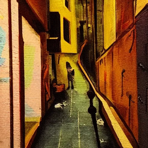 Prompt: impending doom in an alleyway, retro, tense atmosphere, painterly