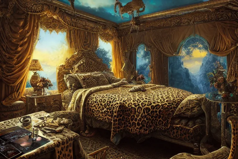 Image similar to detailed leopard print bed in the vaporwave bedroom. highly detailed, digital painting, artstation, concept art, smooth, sharp focus, illustration, artgerm, tomasz alen kopera, peter mohrbacher, donato giancola, joseph christian leyendecker, wlop, boris vallejo