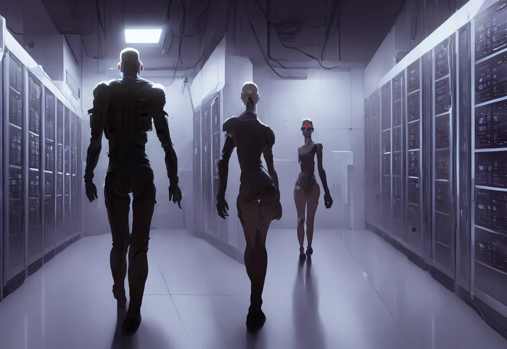 Prompt: android walking in server room in datacenter, shot of film by cyberpunk syle, character design, proportional body, whole body, whole figure, very realistic cinematic concept art, complementary color, realistic detailed, sharp lines, trending on artstation, volumetric lighting, by karol bak, by yukito kishiro artstation, octane render