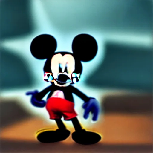 Image similar to Mickey Mouse as a demon, photorealistic, film still, desolate