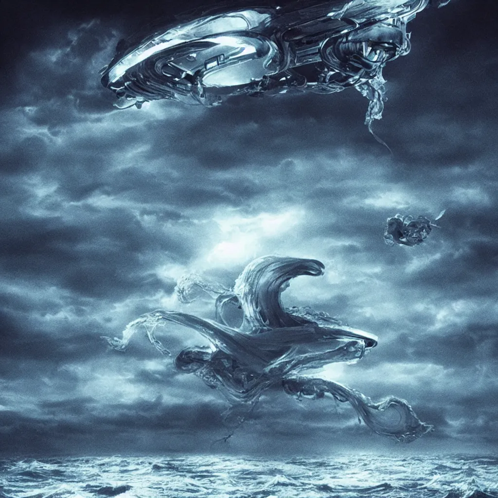 Prompt: large alien spacecraft resembling a cybernetic Portuguese Man of War above a turbulent ocean, intense dramatic sci-fi movie still, beautiful cinematography, chilling