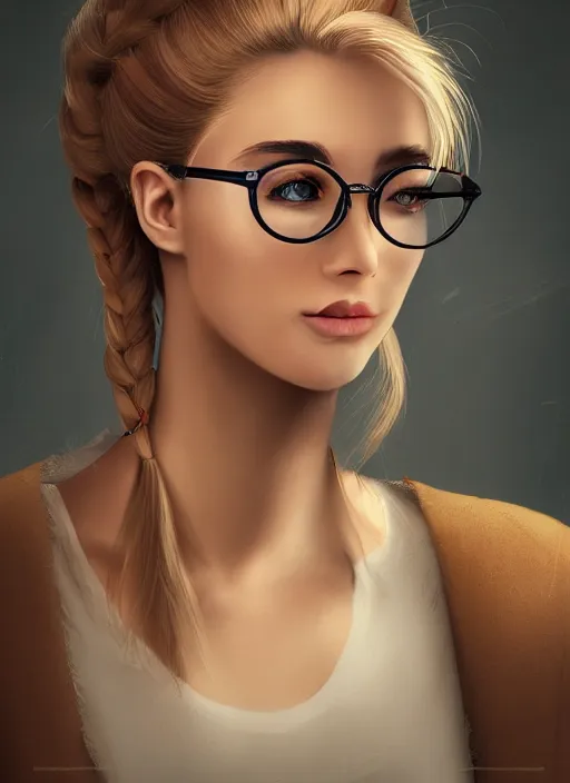 Prompt: a french woman with blonde hair tied in a strict bun, spectacles, lots of makeup, rich, character portrait, digital art, high quality, 8 k, detailed, d & d character,