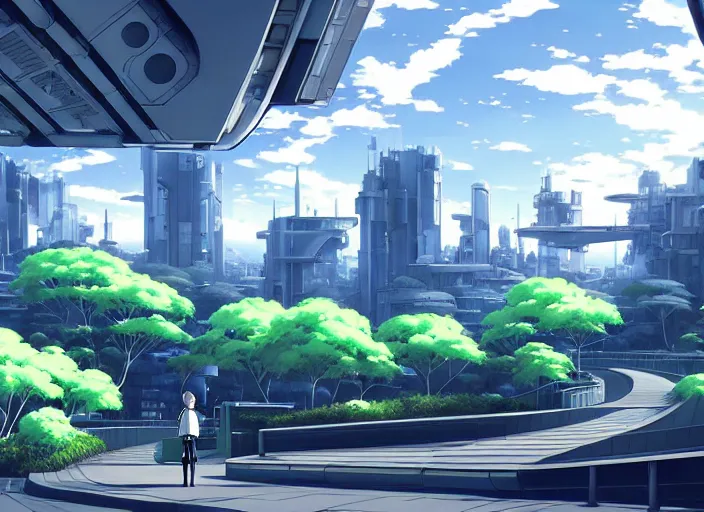 Prompt: futuristic city in grey and white with lush green trees and blue sky, Ilya Kuvshinov, digital, concept art, Kyoto animation, last exile, blue submarine no. 6,loish, murata range, kawaii, yoshitaka amano, studio lighting, manga, bright colors, beautiful, 28mm lens,alphonse mucha, vibrant high contrast, gradation, jean giraud, moebius, fantasy, rule of thirds, fibonacci, intricate, cel shaded, flat, matte print, makoto shinkai