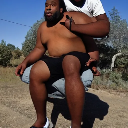 Image similar to a little black person rides on the shoulder's of a huge 7 ft tall 5 0 0 pound black man. hyperreal - h 6 4 0