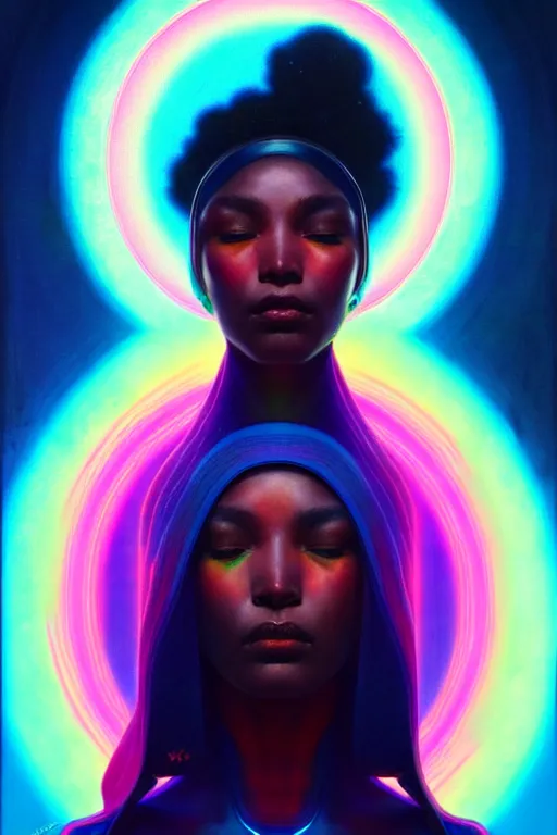 Image similar to patron saint of 🛸🌈👩🏾, futuristic clothing, neon god of city character portrait, in the style of moebius, tom bagshaw, and waterhouse, cinematic lighting, beautiful, elegant, oil painting,